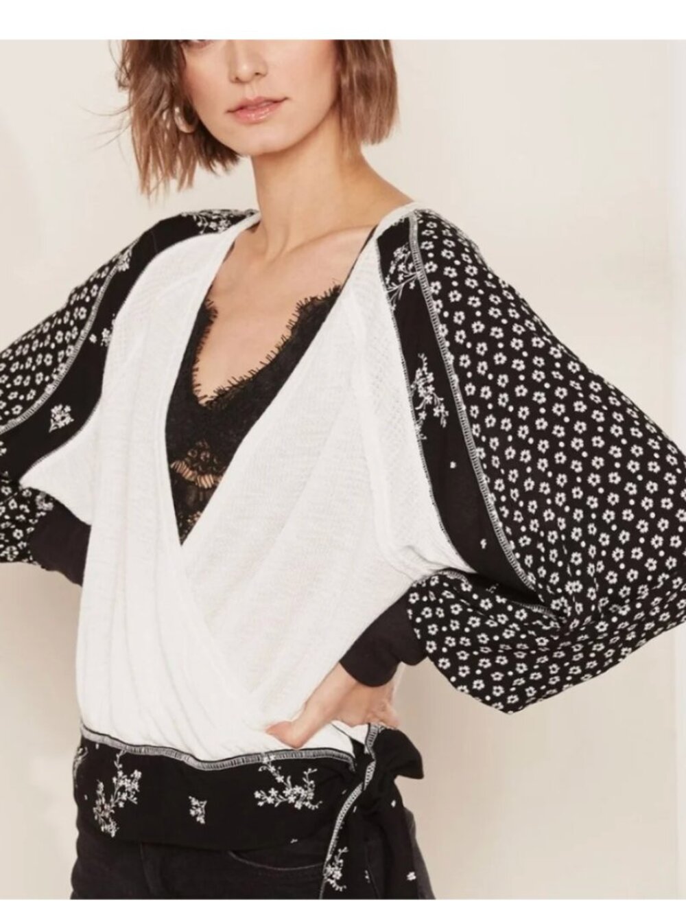 Free People Auxton Wrap Thermal Black and White Mixed Floral Print Size Small